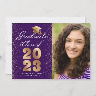 Modernes Lila Gold Script Cap Glitzer Foto Grad Ankündigung