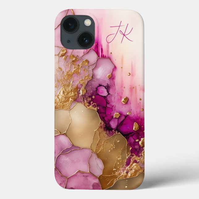 Modernes Lila Goldmarmormonogramm Personalisiert Case-Mate iPhone Hülle (Rückseite)