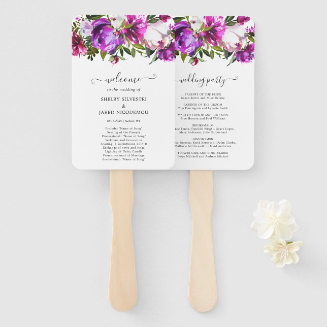 Modernes Lila Hochzeitsprogramm für Flora und Faun Fächer (Vorne und Hinten)