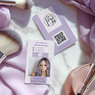 Modernes lila-lavendel-Make-up-Haar-Foto-QR-Logo Visitenkarte