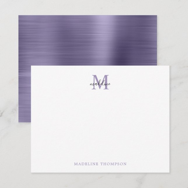 Modernes Lila Monogramm aus gebürstetem Metall Mitteilungskarte (Vorne/Hinten)