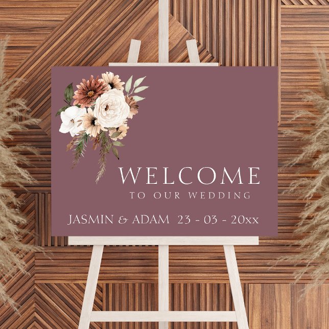 Modernes Lila Pfirsichbläschen Begrüßungszeichen Poster (Rustic Purple Peach Floral Wedding Welcome Sign)