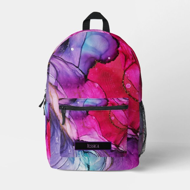 Modernes, Lila, rosa und blau marmoriertes Modell, Bedruckter Rucksack (Vorderseite)