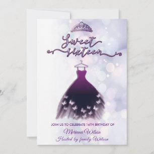 Modernes, lila Schmetterlingskleid Tiara Sweet 16 Einladung