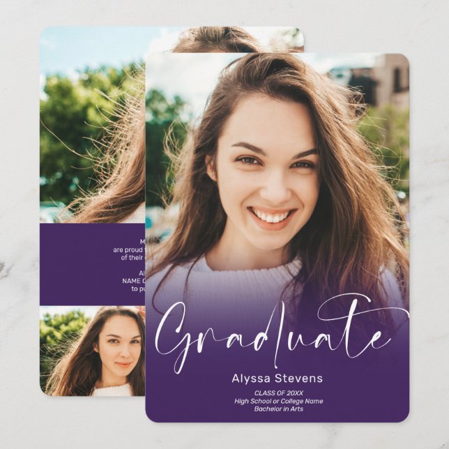 Modernes lila Skript 4 Fotos Abschluss Ankündigung (Vorne/Hinten)