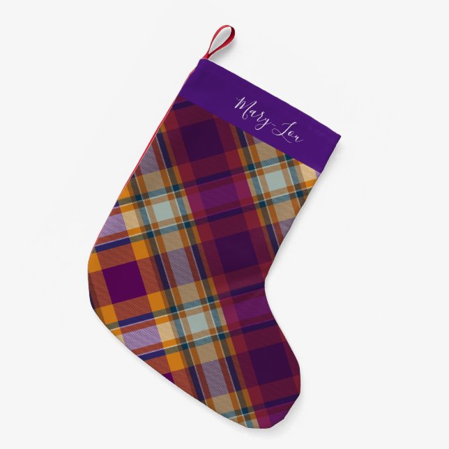 Modernes Lila und goldenes Kariertes Elegant Kleiner Weihnachtsstrumpf (Vorderansicht (hängend))