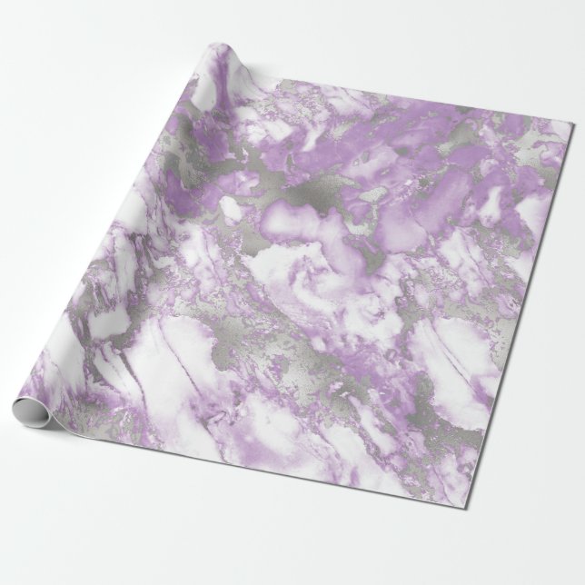Modernes Lila und silberfarbenes Marmormuster Geschenkpapier (Ungerollt)