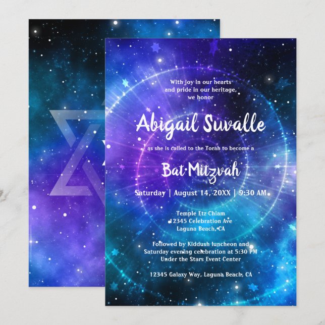 Modernes Lila Wasserfarben Galaxy Bat Mitzvah Einladung (Vorne/Hinten)