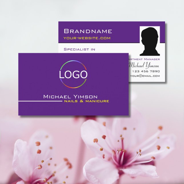 Modernes Lila Weiß mit Logos und Foto Beruflich Visitenkarte (Von Creator hochgeladen)
