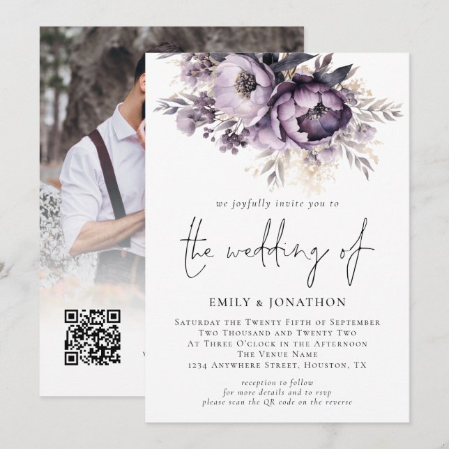 Modernes Lilac Lila Florals Foto QR Code Wedding Einladung (Vorne/Hinten)