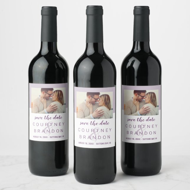 Modernes Lilac Lila Wedding Foto Save the Date Weinetikett (Flaschen)
