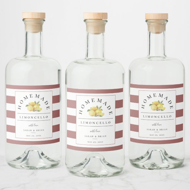 Modernes Limoncello Rustikale Rose Streifen Alkoholflaschenetikett (Flaschen)