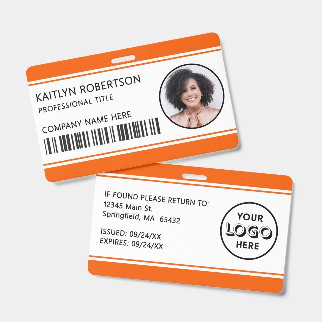 Modernes Logo-Barcode Orange Mitarbeiter-Foto-ID Ausweis (Vorder- & Rückseite)