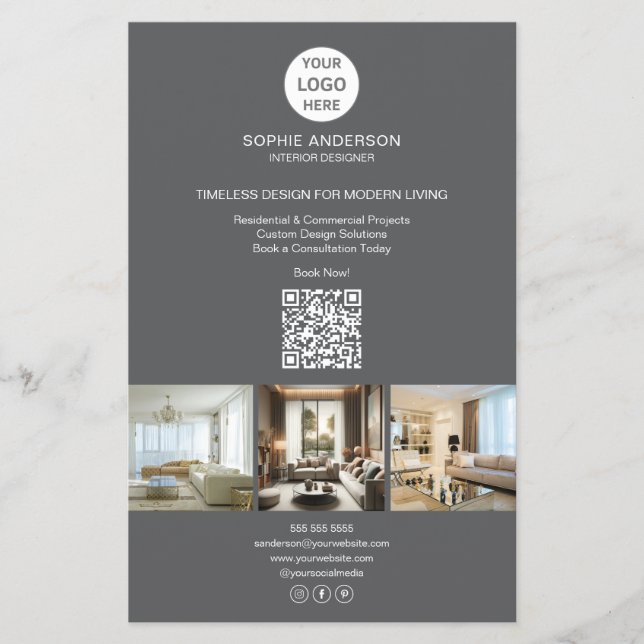 Modernes Logo Foto QR Grau Beruflich Business Flyer (Vorne)