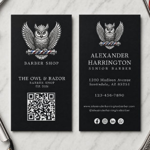 Modernes Logo für Friseursalon Silber Eule QR-Code Visitenkarte