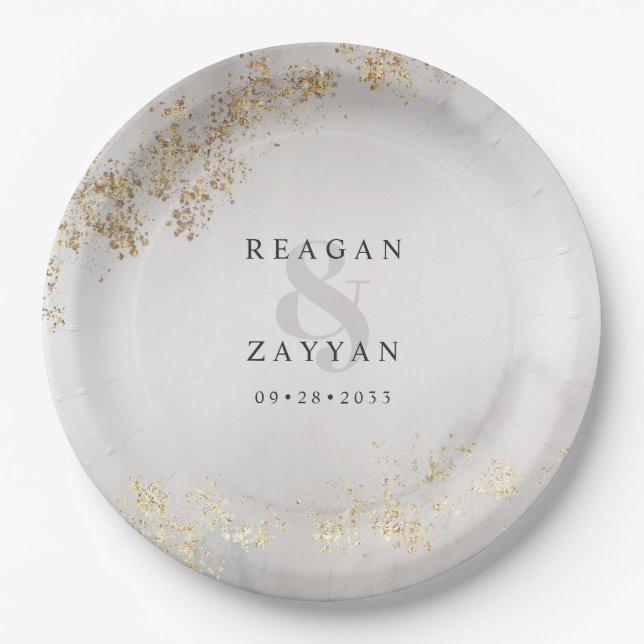 Modernes Luxe Gold Flecks Grau Mist Wedding Paper  Pappteller (Vorderseite)