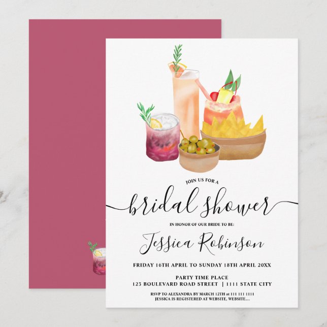 Modernes mädchenhaftes Cocktails Aquarell Brautpar Einladung (Vorne/Hinten)