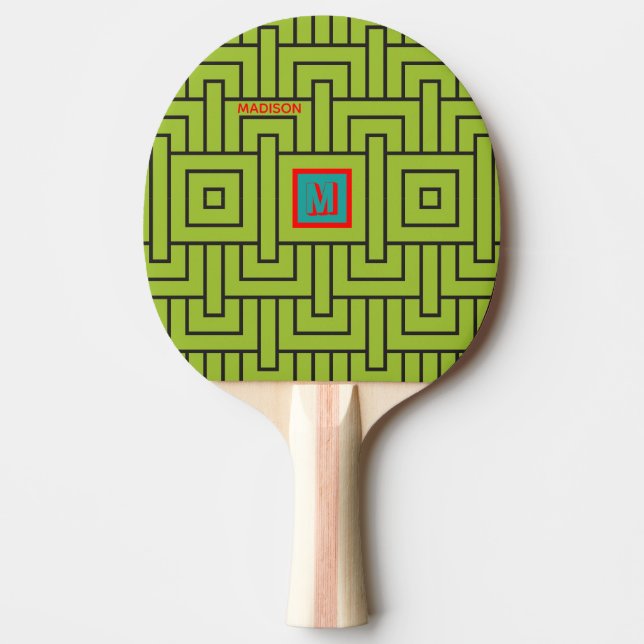 Modernes Magneta Green Geometric Muster Monogram Tischtennis Schläger (Vorderseite)