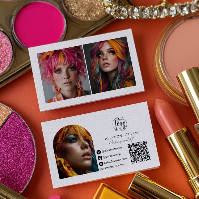 Modernes Make-up 3 Foto Social Media-Logo qr Visitenkarte (Modern makeup 3 photo Social Media Logo qr code Business Card)
