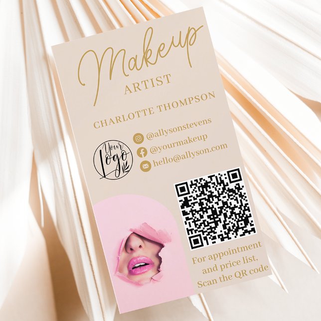 Modernes Make-up Gold beige Logo Qr Code 2 Fotos Visitenkarte (Modern makeup gold beige logo Qr code 2 photos Business Card)