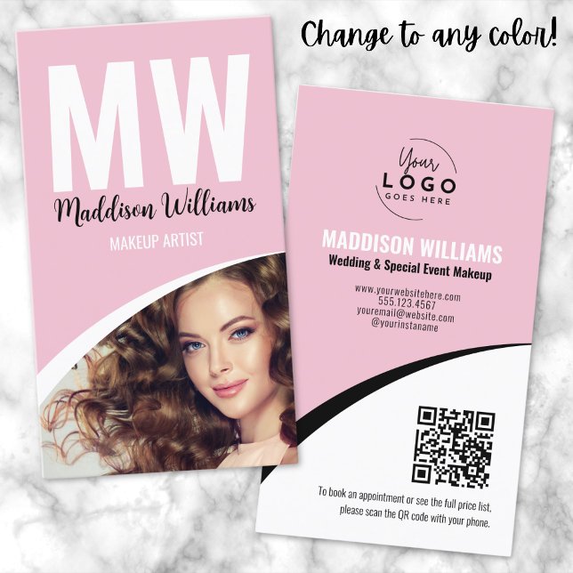 Modernes Makeup-Foto-Logo Rosa Monogramm Visitenkarte (Pink Photo Modern Makeup QR Code Logo Monogram Business Card)