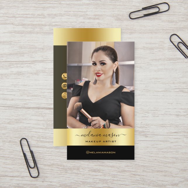 Modernes Makeup Künstler Black Gold Custom Foto Bu Visitenkarte (Vorderseite/Rückseite Beispiel)