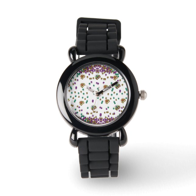 Modernes Mardi Gras Muster Armbanduhr (Vorderseite)