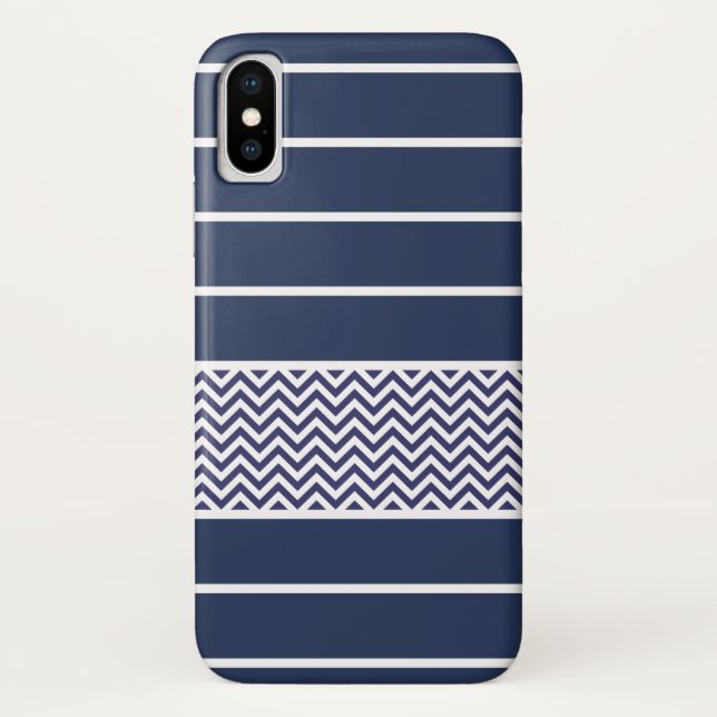Modernes Marine-Blau-Weiß Stripes Zickzack Muster Case-Mate iPhone Hülle (Rückseite)