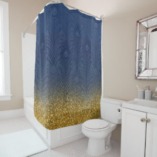 Modernes Marine-Indigo-Blau u. Glitzer-Goldfeder Duschvorhang