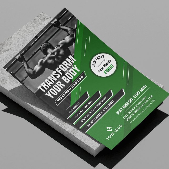 Modernes Marketing für die Fitness von grünen Logo Flyer (Modern bodybuilding gym flyer design in green and black with fully editable text and your logo)