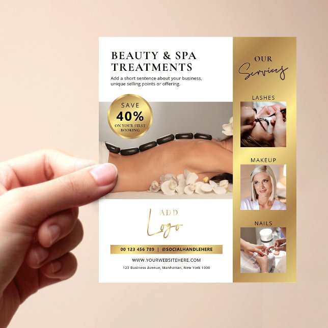 Modernes Marketing mit White & Gold Beauty Salon-L Flyer (Modern business marketing flyer in white and gold with photo collage and special discount)