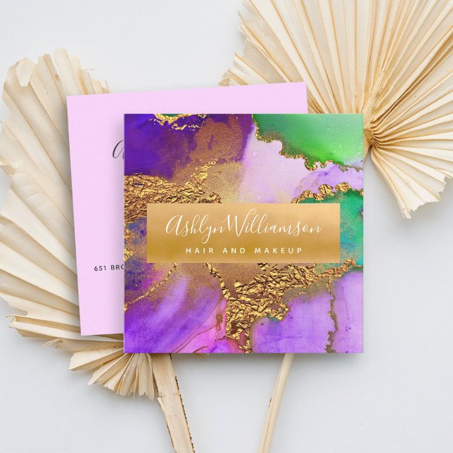 Modernes Marmor Aquarell Gold lila grün & aqua Quadratische Visitenkarte (Von Creator hochgeladen)