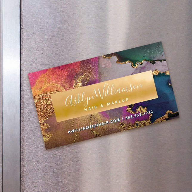 Modernes Marmor Aquarellgold lila grün blau Magnetische Visitenkarte (Von Creator hochgeladen)