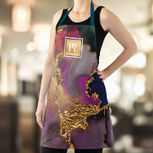 Modernes Marmor Aquarellgold lila Marine Monogramm Schürze