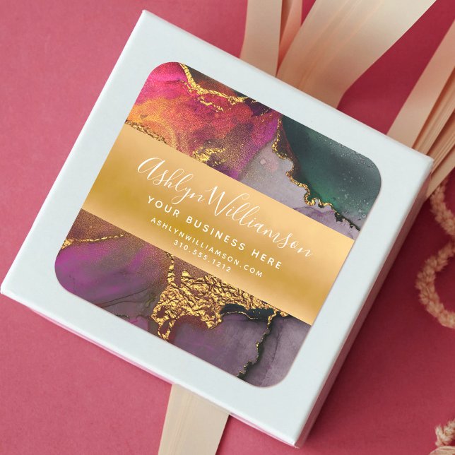 Modernes Marmor Aquarellgold Rosa lila grün Quadratischer Aufkleber (Von Creator hochgeladen)