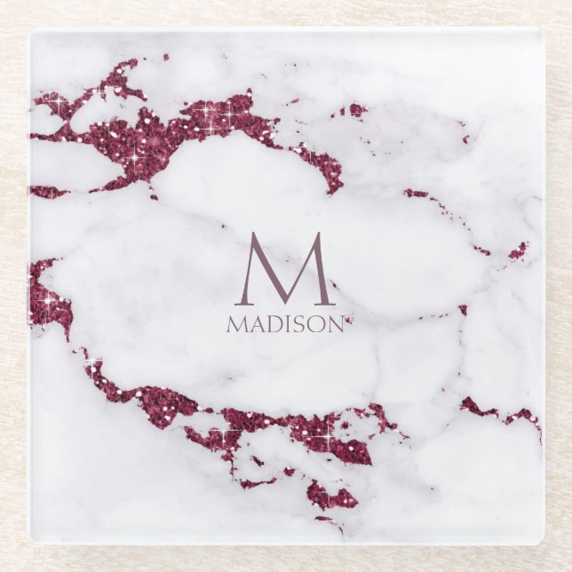 Modernes Marmormongram Burgundy ID816 Glitzer Glasuntersetzer (Vorderseite)
