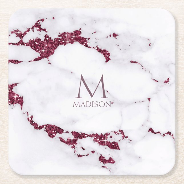 Modernes Marmormongram Burgundy ID816 Glitzer Rechteckiger Pappuntersetzer (Vorderseite)