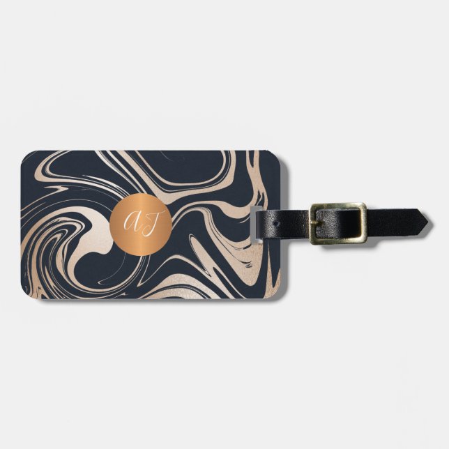 Modernes Marmormuster Rose Gold Kupfer mit Monogra Gepäckanhänger (Vorderseite horizontal)