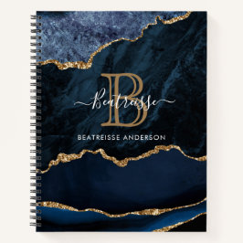 Modernes Marmornavy Blue Gold Glitzer Monogram Notizbuch