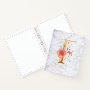 Modernes Marmorwasser goldenes Monogramm Letter F Notizbuch