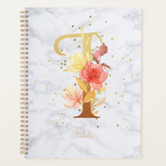 Modernes Marmorwasser goldenes Monogramm Letter I Planer (Vorderseite)