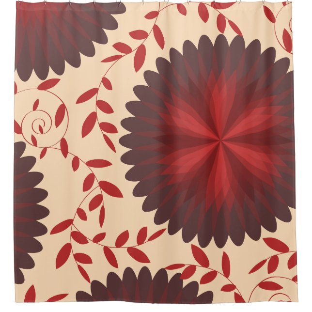 Modernes Maroon Red Floral Foliage Duschvorhang (Vorderseite)