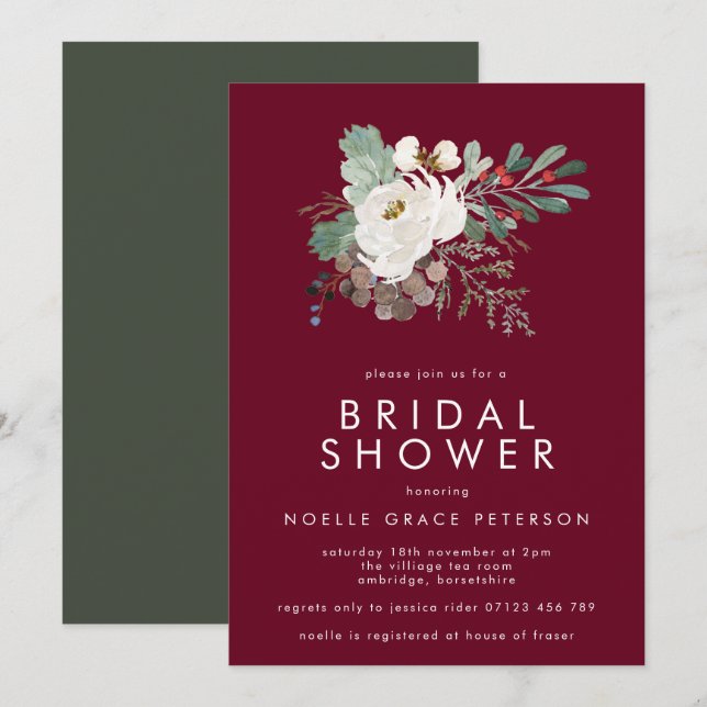 Modernes Marsala Winter Floral Bouquet Brautparty Einladung (Vorne/Hinten)