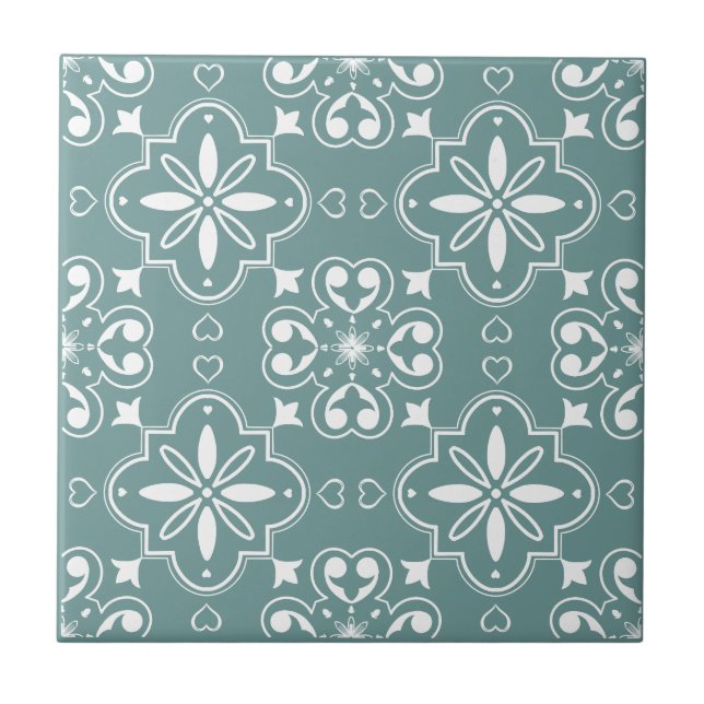 Modernes mediterranes Aquamarin-grünes Weiß-Muster Fliese (Vorderseite)