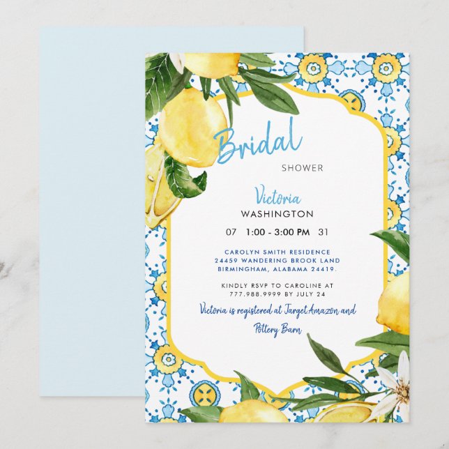 Modernes Mediterranes Blau und Zitronen II Bridal Einladung (Vorne/Hinten)