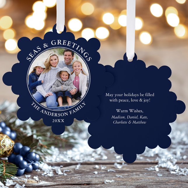 Modernes Meer und Grüße Foto Blau Ornament Karte (A greeting card that is also an ornament! Customize with your photo and personalized text.)