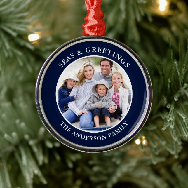 Modernes Meer und Grüße Foto Blue Metal Ornament Aus Metall (Baum)