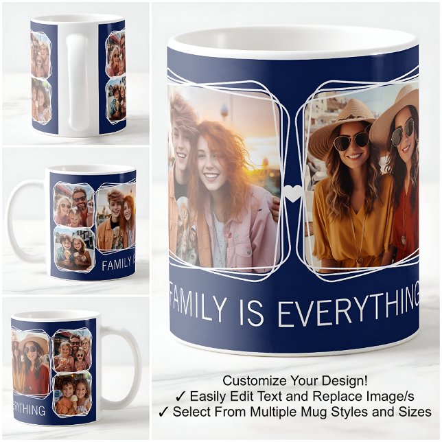 Modernes Memory 6-Foto Collage Template Navy C41 Kaffeetasse (Von Creator hochgeladen)
