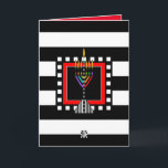 Modernes Menorah Shabbat Shalom Karte<br><div class="desc">Diese Karte mit ihrem unverwechselbaren Stil besticht durch eine moderne,  farbenfrohe Menorah über fett schwarz-weiße Streifen. Innenausweis grenzt an und koordiniert für Ihr Schreibgenuss und sagt "Shabbat Shalom". ~ Karyn</div>