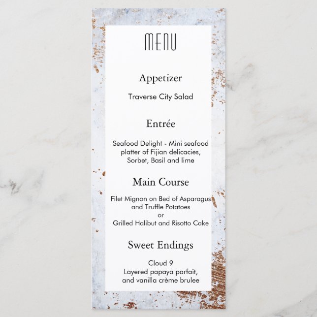 Modernes MENU aus Marmortextur für Hochzeitssliese Menükarte (Vorderseite)